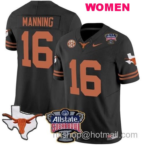 Women's Arch Manning Jersey #16 Texas Longhorns Sugar Bowl Patch Vapor Football Black