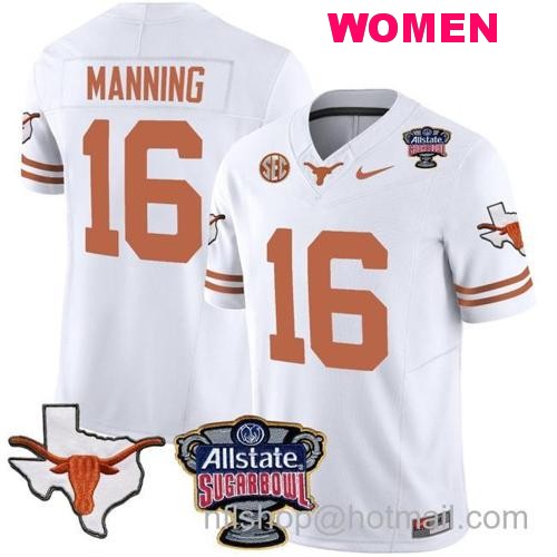 Women's Arch Manning Jersey #16 Texas Longhorns Sugar Bowl Patch Vapor Football White