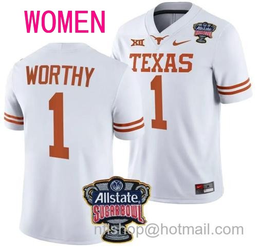 Women's Xavier Worthy Jersey #1 Texas Longhorns Allstate Sugar Bowl Patch 2024 College Football White