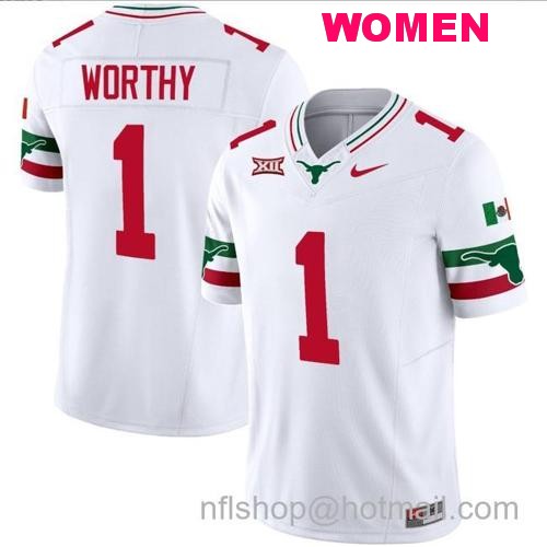 Women's Xavier Worthy Jersey #1 Texas Longhorns Mexico Vapor College Football White