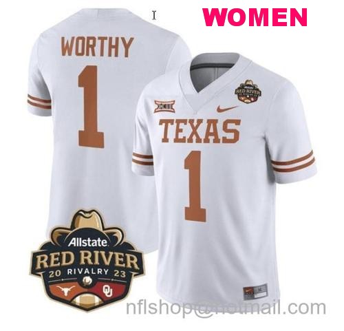 Women's Xavier Worthy Jersey #1 Texas Longhorn Allstate Red River Vivalry Patch College Football White