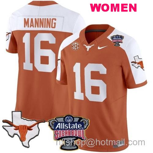 Women's Arch Manning Jersey #16 Texas Longhorns Sugar Bowl Patch Vapor Football Orange Alternate