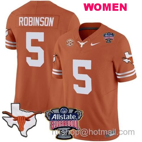 Women's Bijan Robinson Jersey #5 Texas Longhorns Sugar Bowl Patch Vapor Football Texas Orange