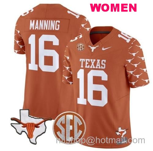 Women's Arch Manning Jersey #16 Texas Longhorns State Map and Sec Patch Vapor Limited College Football Stitched Texas Orange