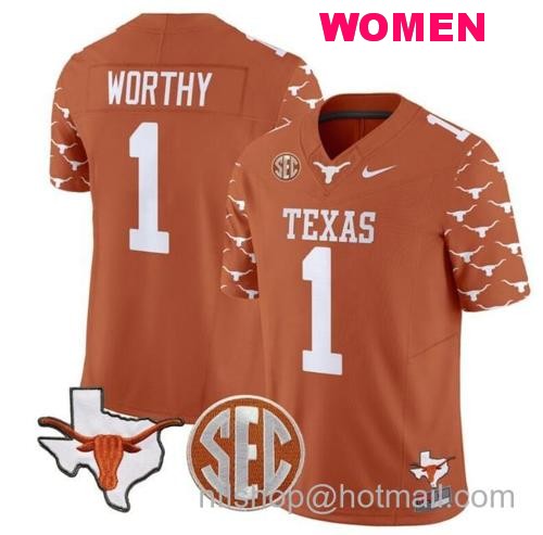 Women's Xavier Worthy Jersey #1 Texas Longhorns State Map and Sec Patch Vapor Limited College Football Stitched Texas Orange