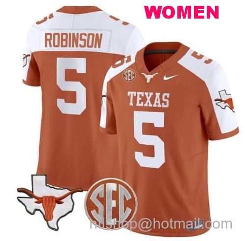 Women's Bijan Robinson Jersey #5 Texas Longhorns State Map and Sec Patch Vapor Limited College Football Stitched Orange Alternate