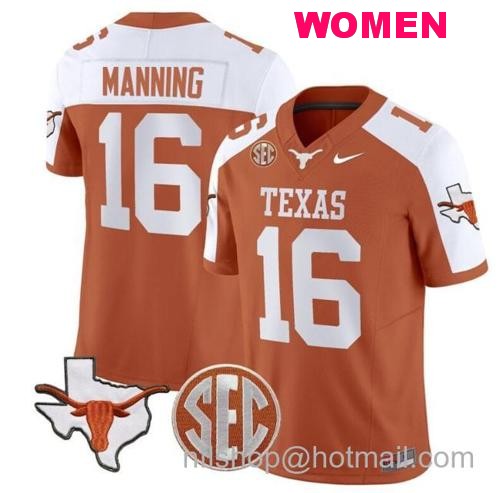 Women's Arch Manning Jersey #16 Texas Longhorns State Map and Sec Patch Vapor Limited College Football Stitched Orange Alternate