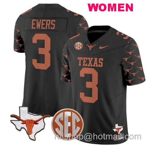 Women's Quinn Ewers Jersey #3 Texas Longhorns State Map and Sec Patch Vapor Limited College Football Stitched Black