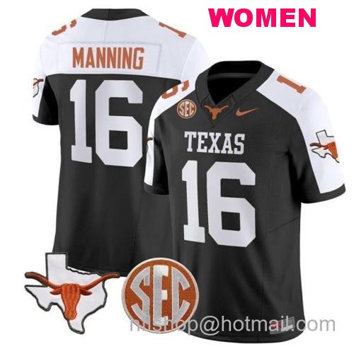 Women's Arch Manning Jersey #16 Texas Longhorns State Map and Sec Patch Vapor Limited College Football Stitched Black Alternate