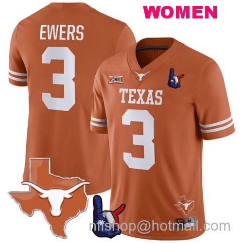 Women's Quinn Ewers Jersey #3 Texas Longhorns Texas State Map and Throwing Up The H Patch Football Orange