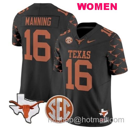 Women's Arch Manning Jersey #16 Texas Longhorns State Map and Sec Patch Vapor Limited College Football Stitched Black