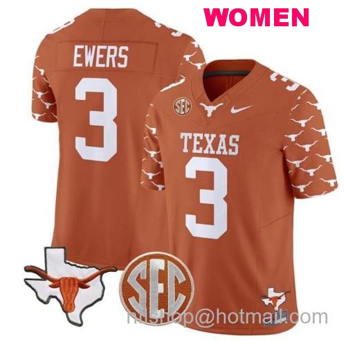 Women's Quinn Ewers Jersey #3 Texas Longhorns State Map and Sec Patch Vapor Limited College Football Stitched Texas Orange