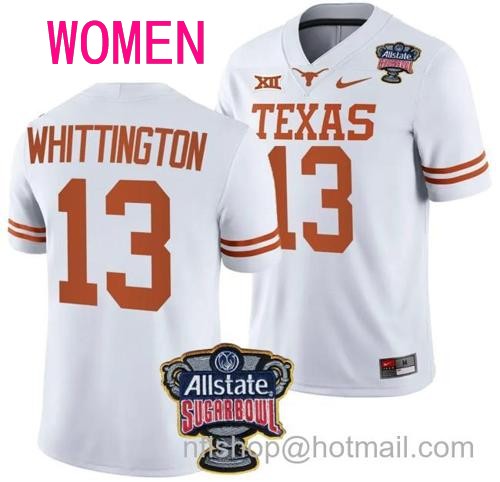 Women's Jordan Whittington Jersey #13 Texas Longhorns Allstate Sugar Bowl Patch 2024 College Football White