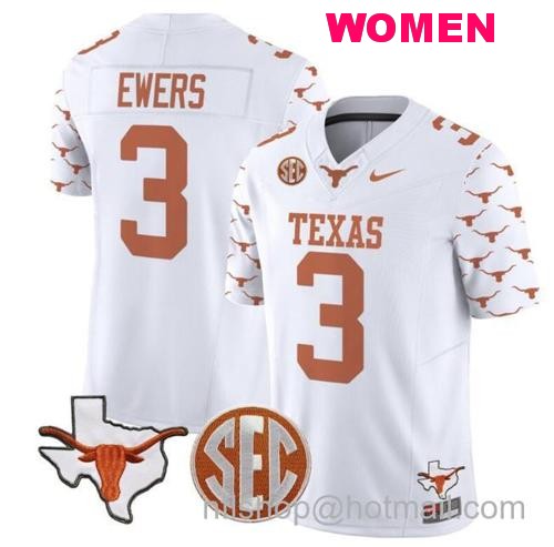 Women's Quinn Ewers Jersey #3 Texas Longhorns State Map and Sec Patch Vapor Limited College Football Stitched White