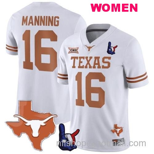 Women's Arch Manning Jersey #16 Texas Longhorns Texas State Map and Throwing Up The H Patch Football White