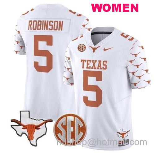 Women's Bijan Robinson Jersey #5 Texas Longhorns State Map and Sec Patch Vapor Limited College Football Stitched White