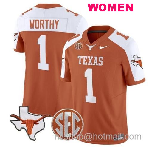 Women's Xavier Worthy Jersey #1 Texas Longhorns State Map and Sec Patch Vapor Limited College Football Stitched Orange Alternate