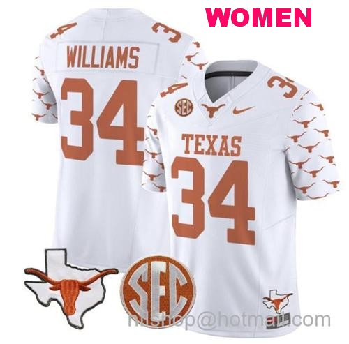 Women's Ricky Williams Jersey #34 Texas Longhorns State Map and Sec Patch Vapor Limited College Football Stitched White