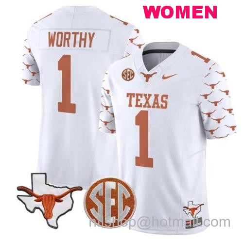 Women's Xavier Worthy Jersey #1 Texas Longhorns State Map and Sec Patch Vapor Limited College Football Stitched White