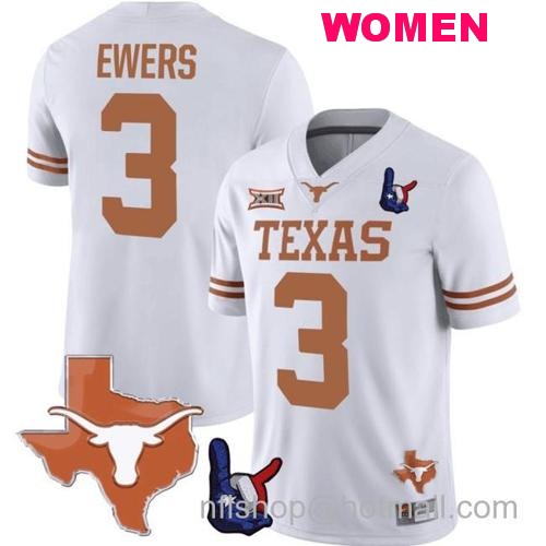 Women's Quinn Ewers Jersey #3 Texas Longhorns Texas State Map and Throwing Up The H Patch Football White