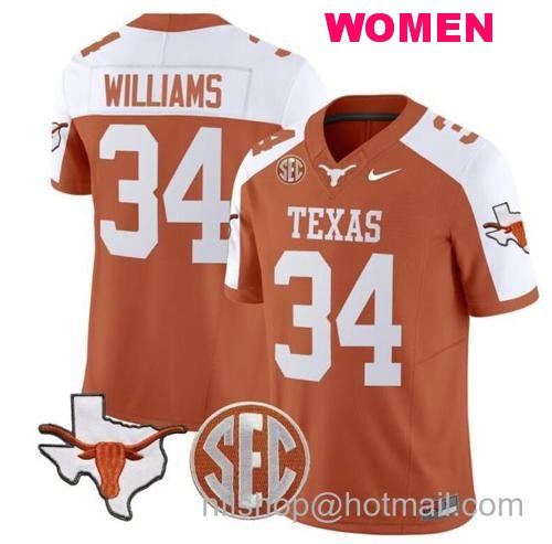 Women's Ricky Williams Jersey #34 Texas Longhorns State Map and Sec Patch Vapor Limited College Football Stitched Orange Alternate