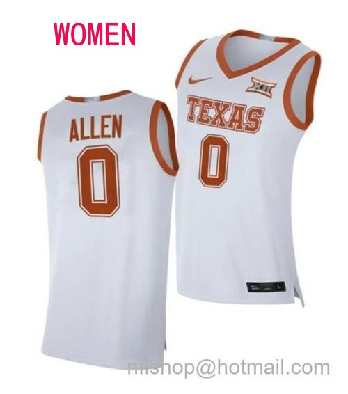 Women's #0 Timmy Allen Jersey Texas Longhorns College Basketball Jerseys White 2021