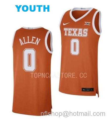 Youth #0 Timmy Allen Jersey Texas Longhorns College Basketball Jerseys Orange 2021