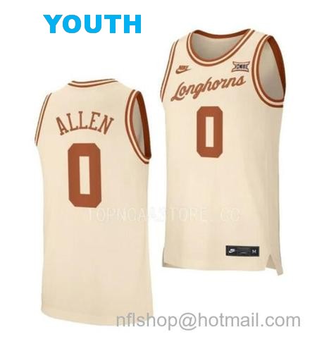 Youth #0 Timmy Allen Jersey Texas Longhorns College Basketball Jerseys Cream Retro