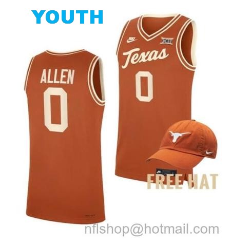 Youth #0 Timmy Allen Jersey Texas Longhorns College Basketball Jerseys Orange Throwback