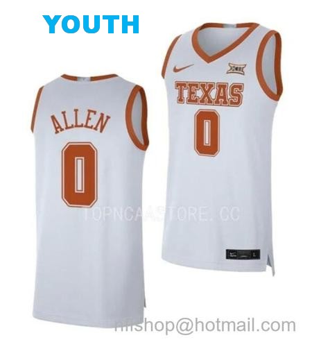 Youth #0 Timmy Allen Jersey Texas Longhorns College Basketball Jerseys White