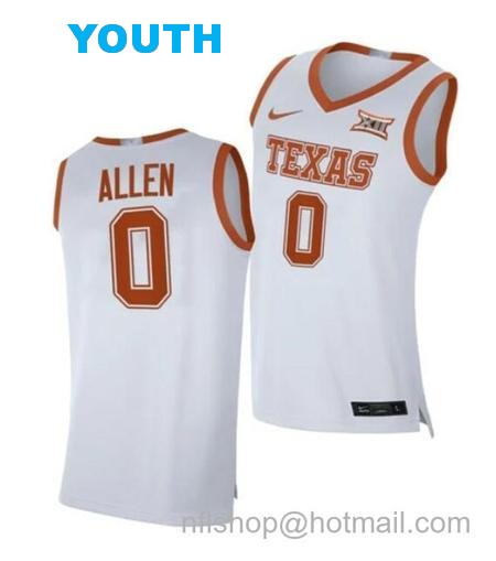 Youth #0 Timmy Allen Jersey Texas Longhorns College Basketball Jerseys White 2021