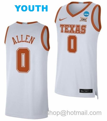 Youth Timmy Allen Jersey Texas Longhorns College Basketball 2023 NCAA March Madness White #0