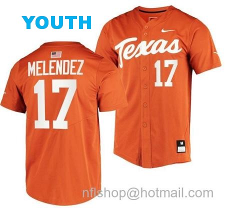 Youth Ivan Melendez Jersey Texas Longhorns College Baseball Full-Button Orange #17