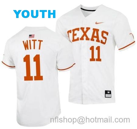 Youth Tanner Witt Jersey Texas Longhorns Baseball NCAA College 2023 MLB Draft Top prospects White #11