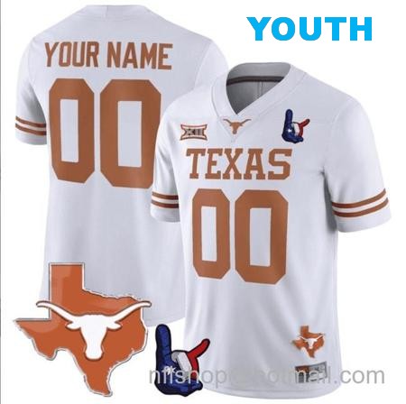 Youth Custom Texas Longhorns Jersey Name and Number Texas State and Throwing Up The H Patch White