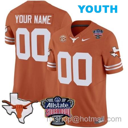 Youth Custom Texas Longhorns Jersey Name and Number Sugar Bowl Patch Football Texas Orange