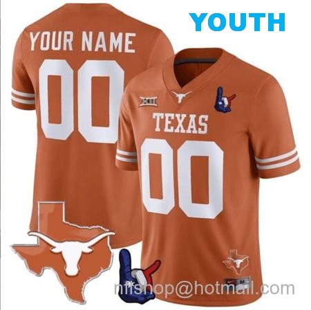 Youth Custom Texas Longhorns Jersey Name and Number Texas State and Throwing Up The H Patch Orange