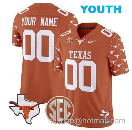 Youth Custom Texas Longhorns Jersey Name and Number State Map and Sec Patch Vapor Limited College Football Stitched Texas Orange