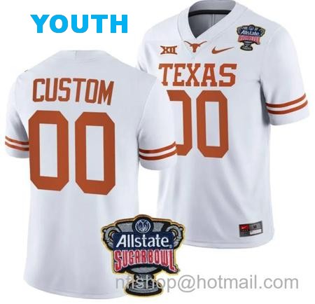 Youth Custom Texas Longhorns Jersey Name and Number Allstate Sugar Bowl Patch 2024 College Football White