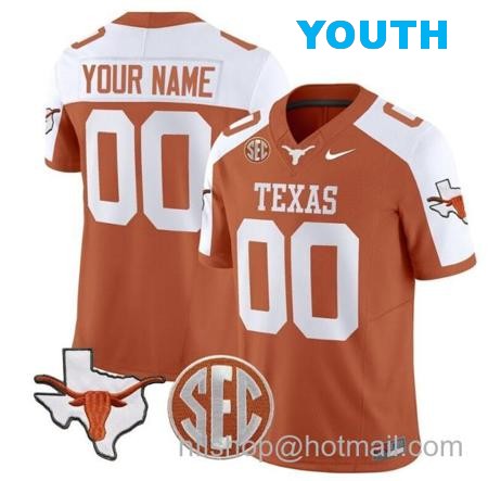 Youth Custom Texas Longhorns Jersey Name and Number State Map and Sec Patch Vapor Limited College Football Stitched Orange Alternate