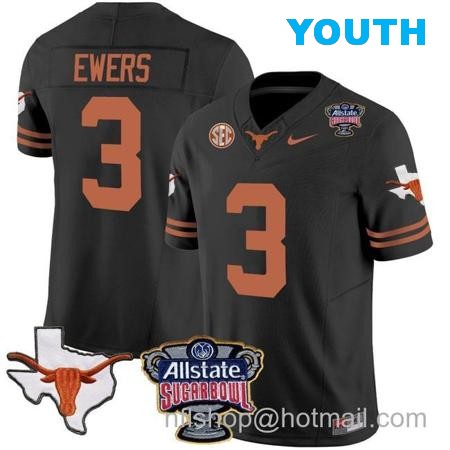 Youth Quinn Ewers Jersey #3 Texas Longhorns Sugar Bowl Patch Vapor Football Black