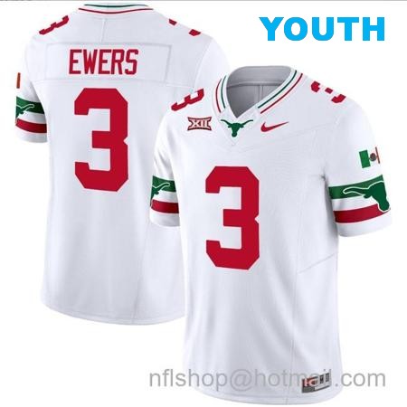 Youth Quinn Ewers Jersey #3 Texas Longhorns Mexico Vapor College Football White