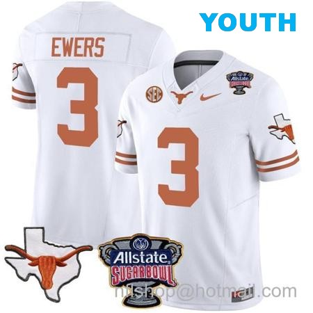 Youth Quinn Ewers Jersey #3 Texas Longhorns Sugar Bowl Patch Vapor Football White