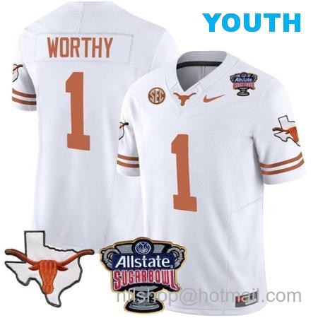 Youth Xavier Worthy Jersey #1 Texas Longhorns Sugar Bowl Patch Vapor Football White