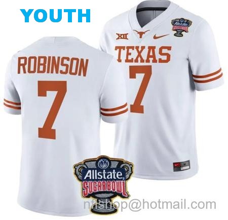 Youth Keilan Robinson Jersey #7 Texas Longhorns Allstate Sugar Bowl Patch 2024 College Football White