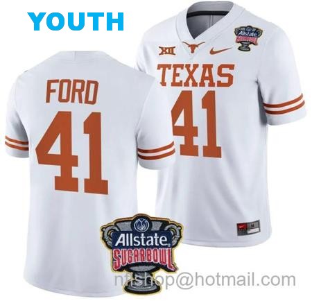 Youth Jaylan Ford Jersey #41 Texas Longhorns Allstate Sugar Bowl Patch 2024 College Football White