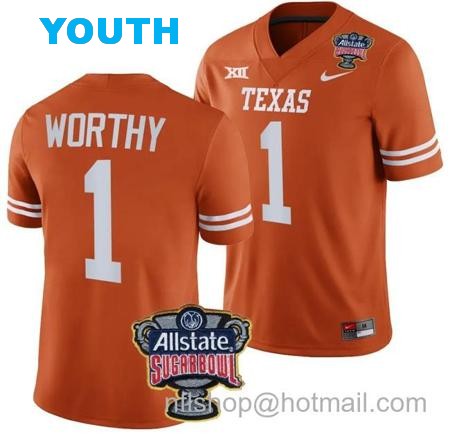 Youth Xavier Worthy Jersey #1 Texas Longhorns Allstate Sugar Bowl Patch 2024 College Football Orange