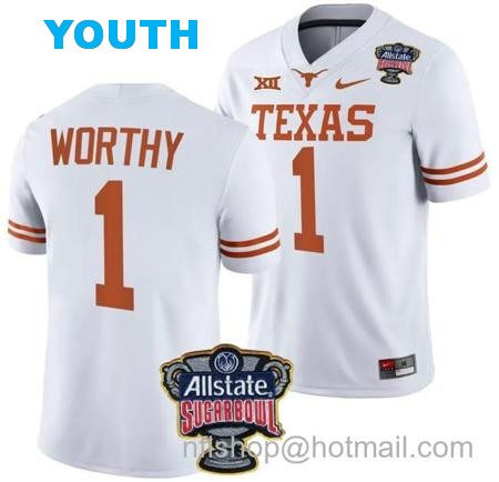 Youth Xavier Worthy Jersey #1 Texas Longhorns Allstate Sugar Bowl Patch 2024 College Football White