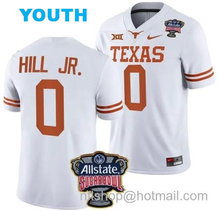 Youth Anthony Hill Jr Jersey #0 Texas Longhorns Allstate Sugar Bowl Patch 2024 College Football White