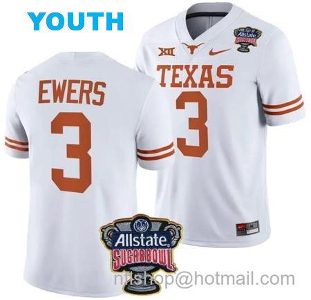 Youth Quinn Ewers Brooks Jersey #3 Texas Longhorns Allstate Sugar Bowl Patch 2024 College Football White